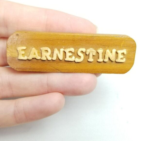 Vintage Earnestine Name Spell Out Wooden Handmade Brooch, Rectangle Shape - Picture 6 of 6
